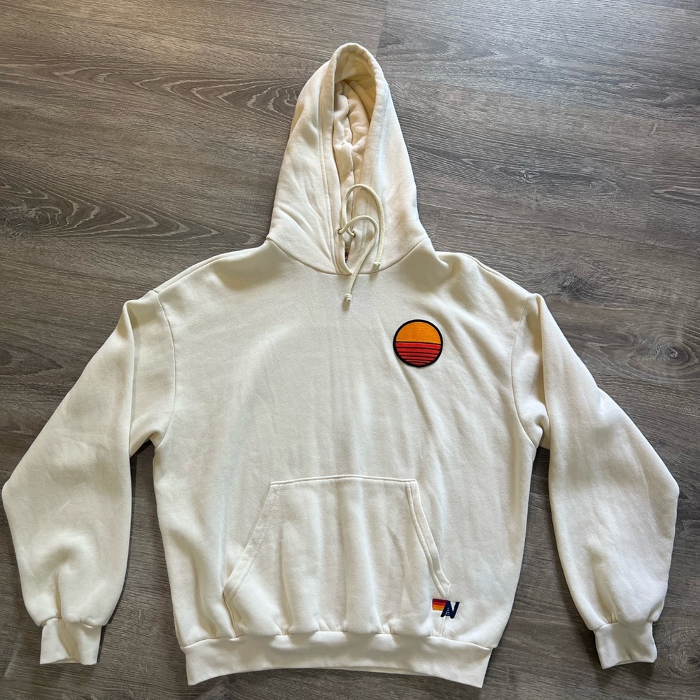 New Aviator Nation Sunset Patch Relaxed Hoodie Vintage White - XS